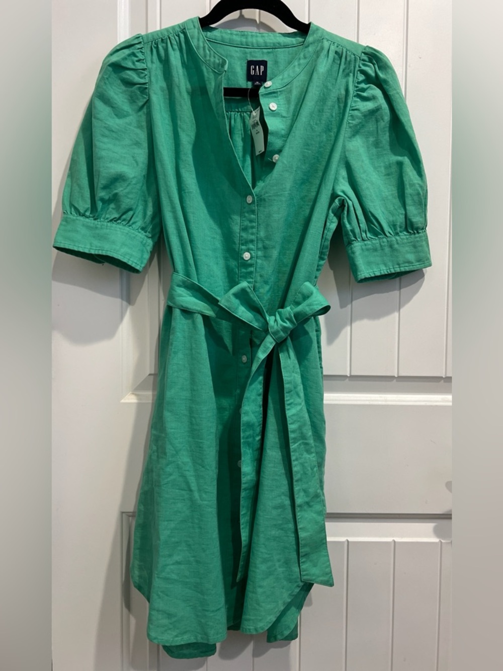 GAP Jamaica Lime Green Button-Front Linen Cotton Midi Dress w/Tie Waist&Pockets